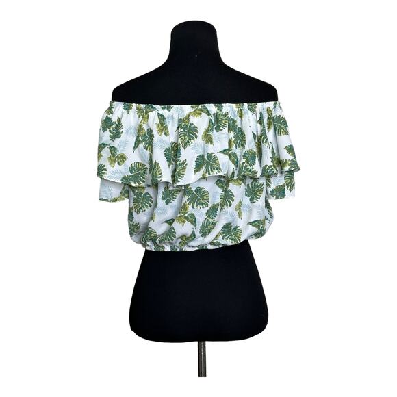 Paper Crane white green palms print off shoulder ruffled crop top size Large - Picture 9 of 11